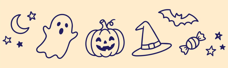 Cute doodle halloween elements crescent moon stars friendly ghost carved pumpkin witch hat bat and candy hand drawn outline vector set © Imran