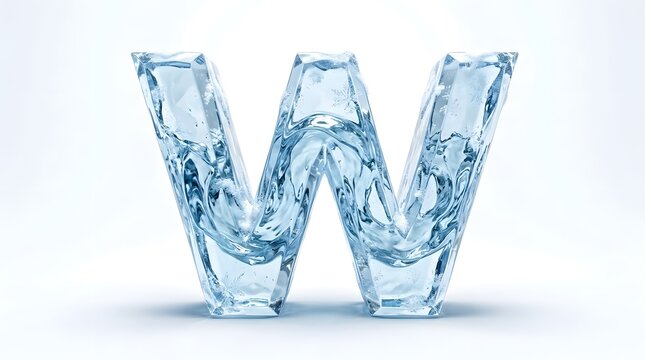 The letter w formed from clear sparkling water droplets against a bright white background showcasing purity and refreshment