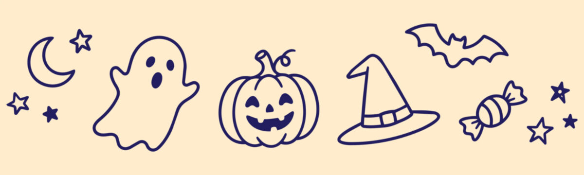 Cute doodle halloween elements crescent moon stars friendly ghost carved pumpkin witch hat bat and candy hand drawn outline vector set