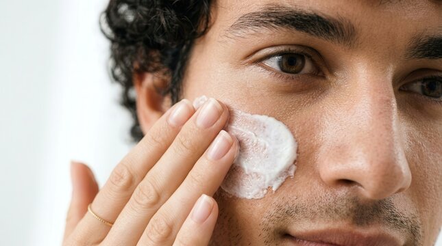 Extreme close-up of a curly-haired young man applying thick sunscreen texture.