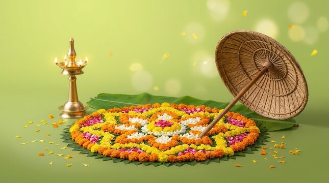 Traditional Onam greeting with a colorful flower pookalam and brass oil lamp.