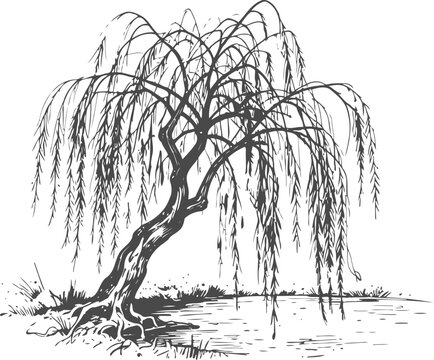 Weeping willow tree by the water with drooping branches and detailed roots illustration