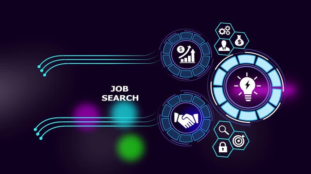Dynamic job search concept featuring animated digital interface with glowing lightbulb innovation handshake, financial growth charts, and career development symbols for corporate hr