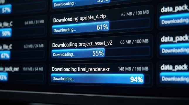 Computer monitor screen displaying the process of downloading multiple files from the internet.