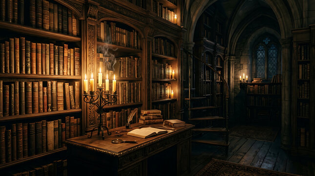 Historian researching antique manuscripts in a dimly lit gothic library with warm candlelight