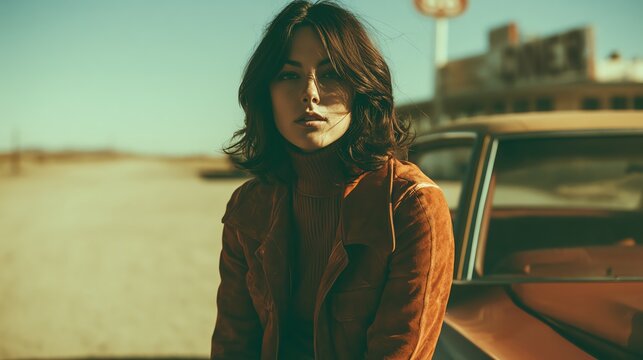 A woman in a retro style against a vintage car.