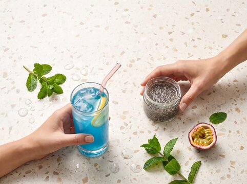 Functional Beverage Flat Lay: Hands Holding Spirulina and Chia