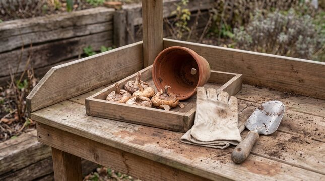Spring potting bench with gladiolus corms and gardening tools