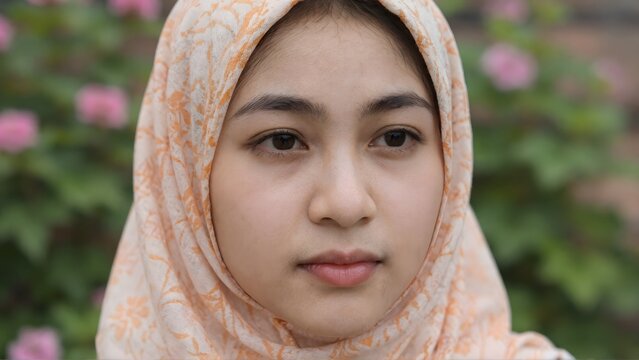 Beautiful young Muslim woman wearing a patterned hijab portrait outdoor