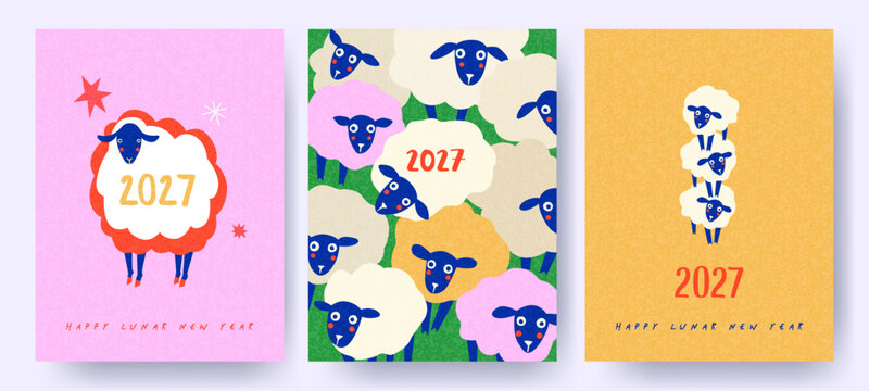 Chinese New Year 2027 greeting card design with playful sheep illustrations, bold typography, colorful textured background and modern graphic style for posters, covers, packaging, apparel and festive 