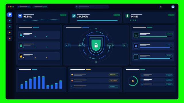 Cyber Security Dashboard Interface with Shield Protection and Analytics Charts