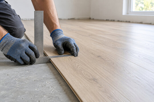 Contractor Checking SPC Flooring Alignment with Carpenter Square