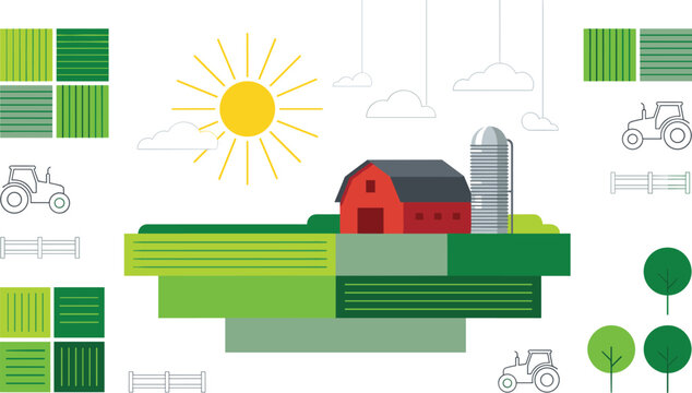 Flat vector agricultural illustration kit featuring red barn silo green crop field swatches tractor and sun elements