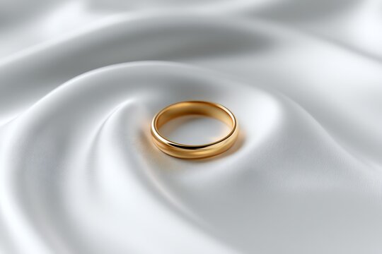 Elegant gold ring on soft satin fabric.