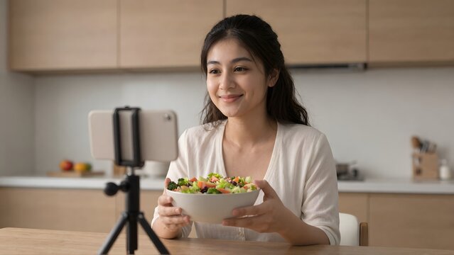 Young Asian woman recording food vlog video holding fresh salad bowl