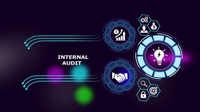 Internal audit digital concept featuring animated business financial growth charts, corporate handshake, and glowing lightbulb innovation symbols for financial reporting presentations