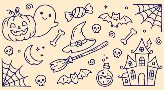 Cute halloween doodle set with jack o lantern pumpkin ghost candy bat spiderweb witch hat broom moon stars skull bones haunted house potion bottle vector sketch illustration