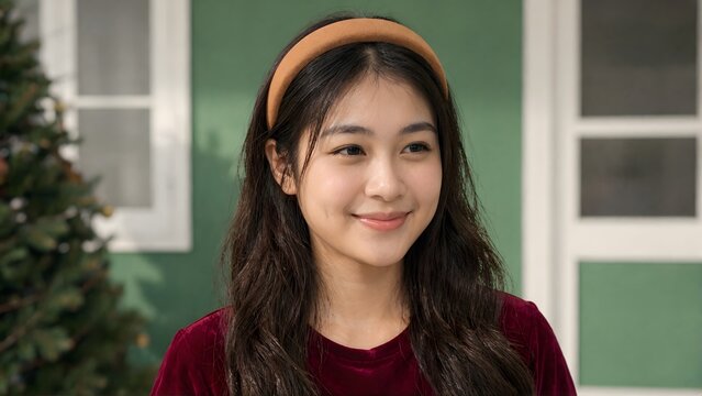 Beautiful smiling young Asian woman with headband standing outdoors