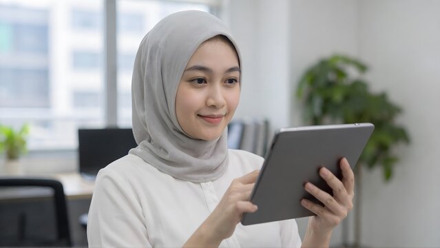 Smiling Muslim businesswoman in hijab using digital tablet at modern office