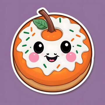 A cute chubby donut decorated like a pumpkin, orange glaze, tiny green stem, adorable happy face, subtle Halloween sprinkles, cozy early Halloween bakery aesthetic, kawaii food sticker