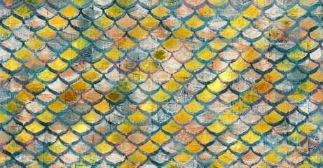 Abstract Painted Fish Scales Pattern Backdrop with Vibrant Gold, Teal, and Metallic Texture © Boutique canvas