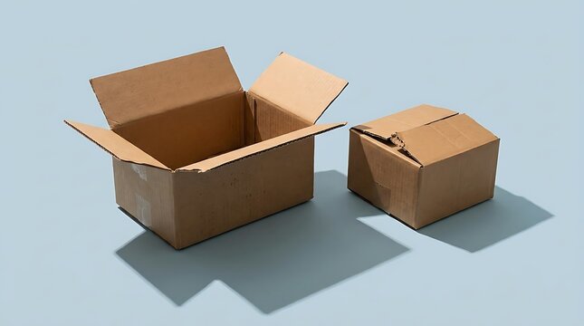 Open and closed cardboard boxes on light blue surface symbolizing packaging contrast and functionality
