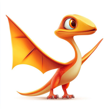 Cute orange cartoon pterodactyl dinosaur character standing and waving on a white background with prehistoric animal flying reptile baby dinosaur