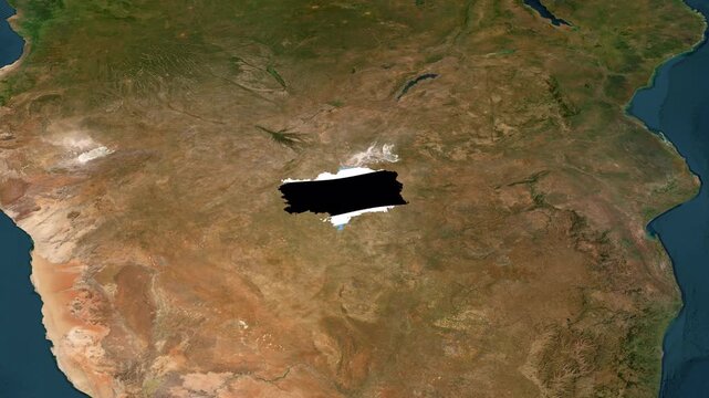Satellite map animation of Botswana with zoom in and zoom out, moving clouds, growing ink-shape waving flag of the country, gradient outline indicating the border. Concept for broadcast, social media.