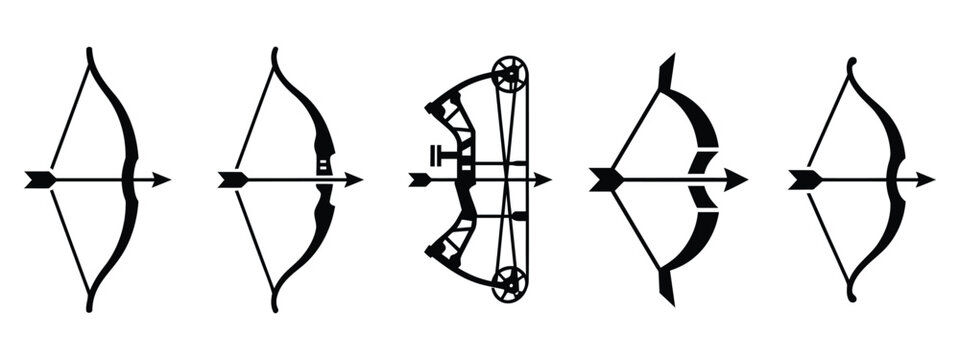 Black silhouettes of various bows and arrows against a white background