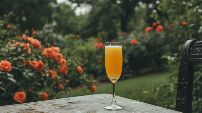 Mimosa Cocktail on Outdoor Table Surrounded by Blooming Rose Garden
