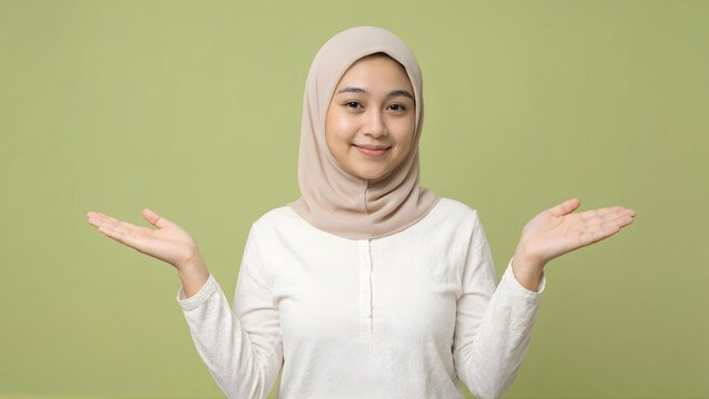 Smiling young Muslim woman wearing hijab presenting open palms mockup