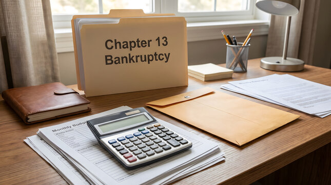 A wooden desk arranged with chapter 13 bankruptcy documents, financial folder, calculator, and monthly budget.