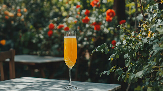Mimosa Cocktail on Sunny Garden Table with Roses and Greenery