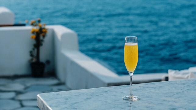 Mimosa Cocktail on Luxury Seaside Terrace Overlooking Blue Ocean