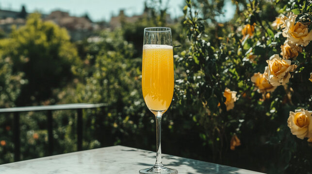 Mimosa Cocktail in Sunny Garden with Yellow Roses and Greenery