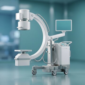 Medical c-arm fluoroscopy machine with a monitor for imaging and diagnostics in a modern hospital operating room.