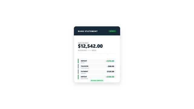 Digital dashboard interface showcasing financial statement and account summary with transaction history