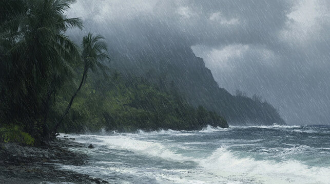Powerful Tropical Storm with Heavy Rain and Rough Ocean on Palm Coast
