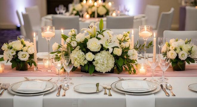 Elegant wedding table with floral centerpiece and place settings