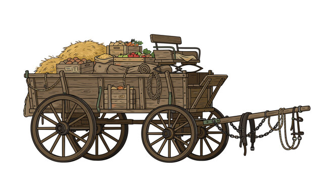Illustration of a Rustic Wooden Farm Cart with Harvested Produce