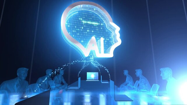 AI smart office, future high-tech AI brain cloud computing, A glowing AI head hologram with binary code floats above a futuristic meeting room, where translucent figures collaborate with laptops.