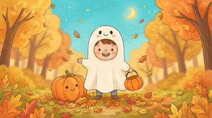 Fototapeta premium Young child in white ghost costume standing among autumn leaves and pumpkins in a whimsical outdoor setting