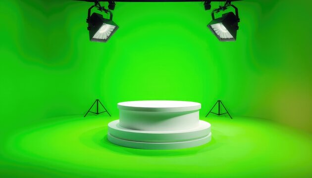 A versatile chroma key studio with a display podium, ready for virtual set creations and dynamic presentations