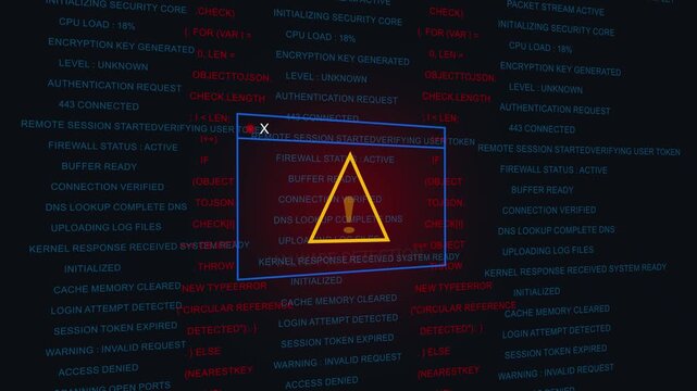 Cyber security malware detection system alert warning notification pop-up window displaying critical system error message on digital dark background, with scrolling programming, code and network data