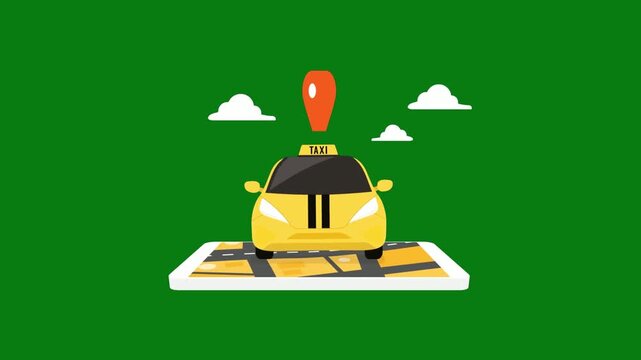 Flat vector animation of a yellow taxi car on a mobile smartphone screen displaying a navigation map and location pin marker against a green screen background for e-hailing service concept.