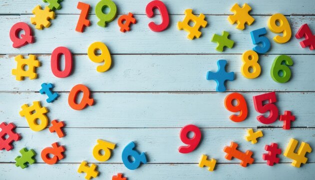Colorful number and shape puzzles scattered on a light blue wooden background, perfect for early education or creative projects.