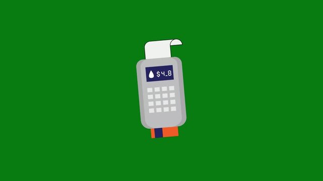 2D Flat Animated Illustration of a Generic Point of Sale Terminal Processing a Credit Card Transaction on a Green Screen, Displaying Currency Symbols and Dispensing a Printed Paper Receipt