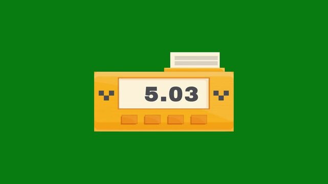 2D Animated Flat Illustration of a Taxi Taximeter Fare Counter Displaying Increasing Price with Receipt Paper on a Green Screen Background for Easy Chroma Key Compositing in Video Projects