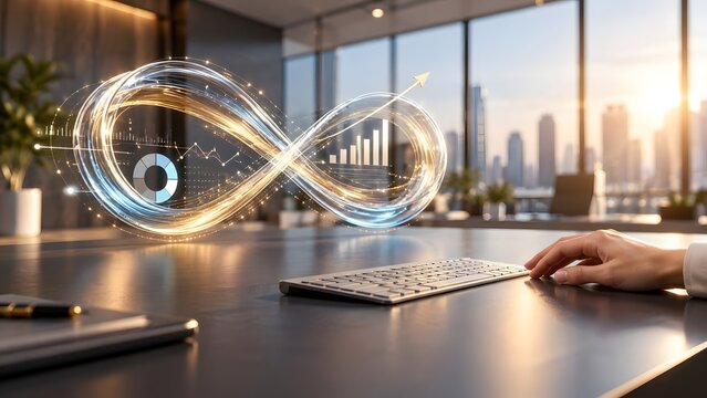 Abstract infinity loop with glowing data streams charts and upward arrow over office desk with keyboard and city skyline view