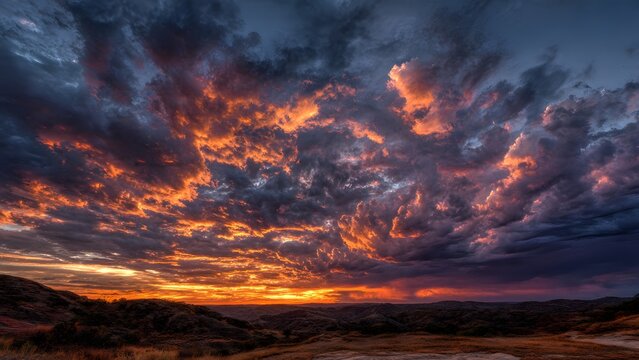 Serene sunset over rugged hills with dramatic golden hour clouds stretching across horizon providing peaceful landscape vista for travel photography or calming artistic wall art prints.